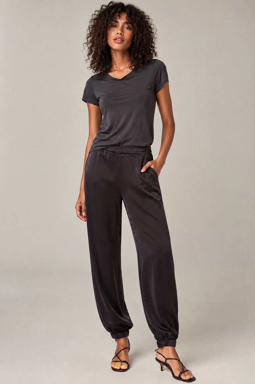 Nation LTD Black Satin Jogger Pants Women M Silk Tapered Pull On Made USA